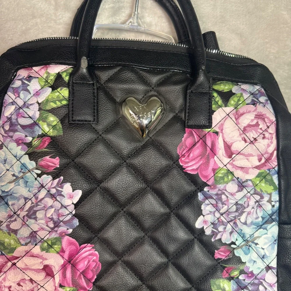 Betsey Johnson Black Quilted Floral Heart Backpack Satchel Bag